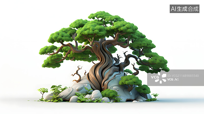 【AI数字艺术】3D园林树木元素插图，春天三维树木场景概念背景图片素材