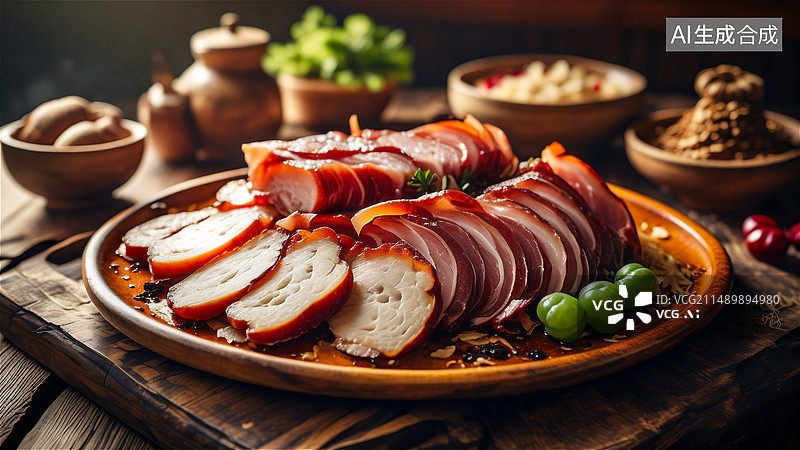【AI数字艺术】桌上盘子里的腊肉特写镜头，熏肉，腊肉图片素材