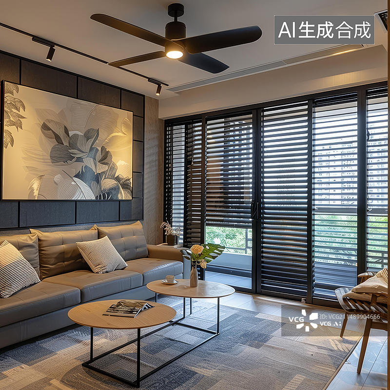 【AI数字艺术】现代客厅室内设计落地窗舒适沙发图片素材