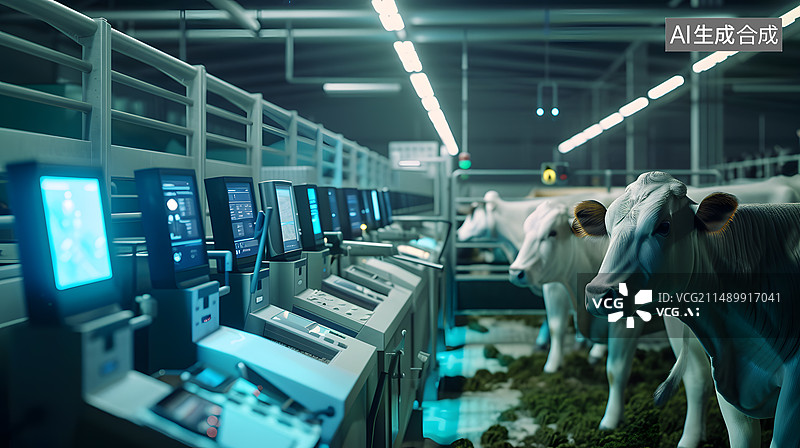 【AI数字艺术】现代未来科技养殖场中的牛与监控器，新质生产力图片素材