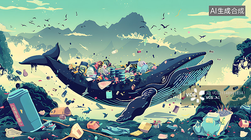 【AI数字艺术】海洋环境保护，鲸鱼在充满垃圾的大海里游泳图片素材