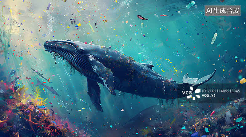 【AI数字艺术】海洋环境保护，鲸鱼在充满垃圾的大海里游泳图片素材