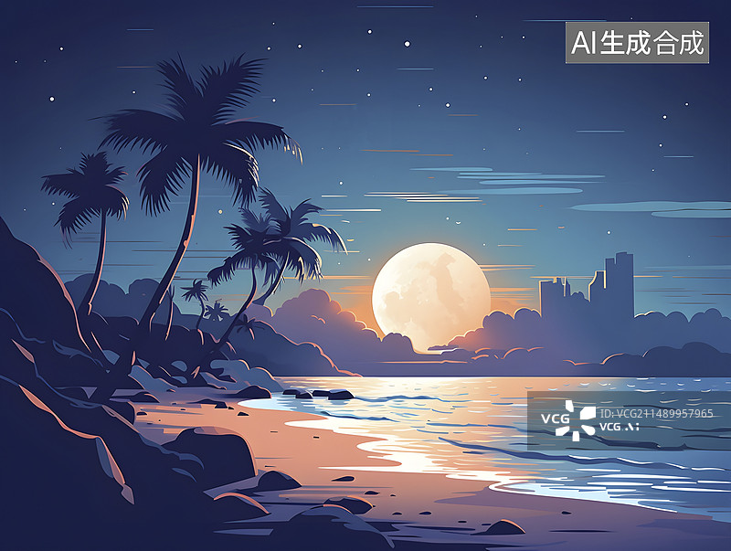 【AI数字艺术】海边月出月落插画图片素材
