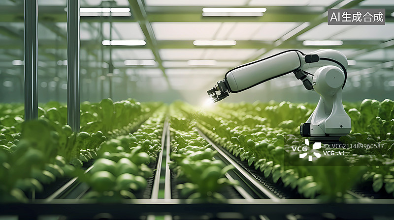 【AI数字艺术】在一个宽敞的蔬菜大棚里，智能机械臂正在给蔬菜浇水，现代化农业，智能化种植概念插画图片素材