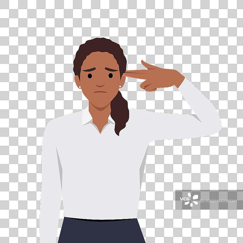 模仿太阳穴动作的沮丧女人图片素材