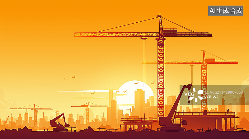 【AI数字艺术】夕阳晚霞建筑工地塔吊吊车插画图片素材