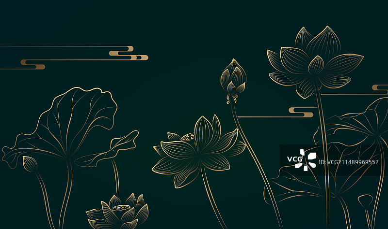 矢量金色线性荷花横版插图图片素材