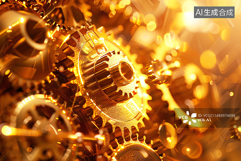 【AI数字艺术】金色转动的齿轮新质生产力图片素材
