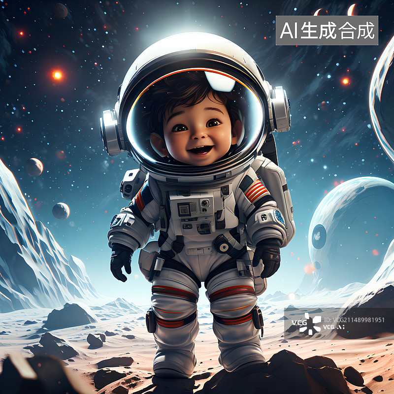【AI数字艺术】儿童插画，登上地外星球的可爱小宇航员图片素材