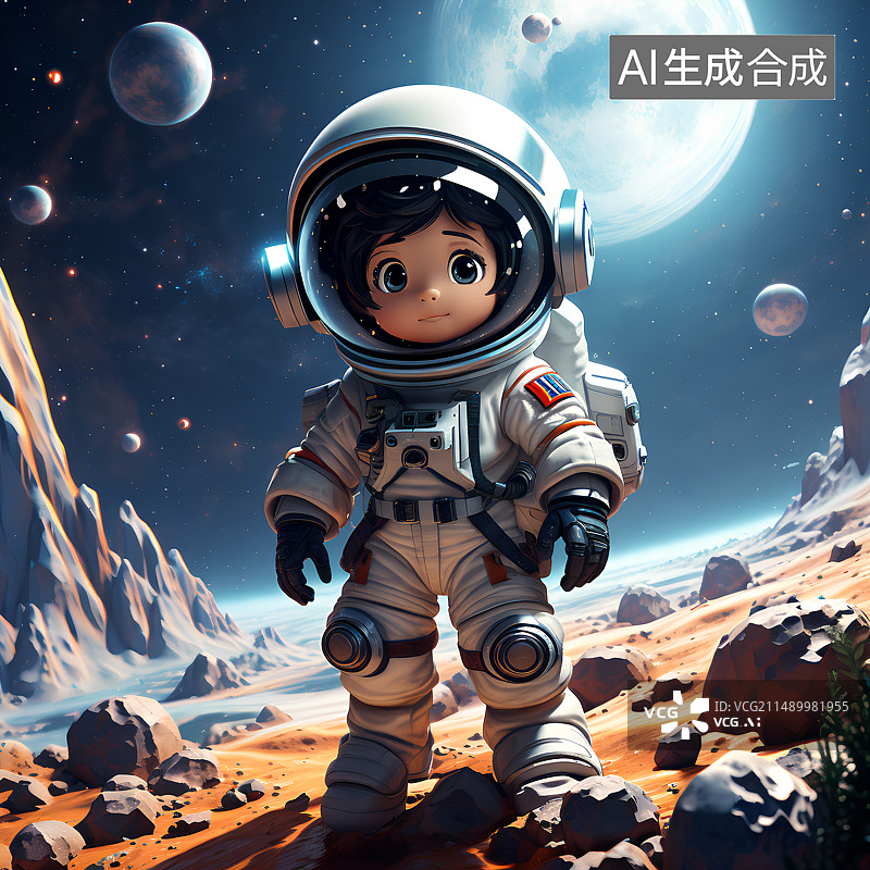 【AI数字艺术】儿童插画，登上地外星球的可爱小宇航员图片素材