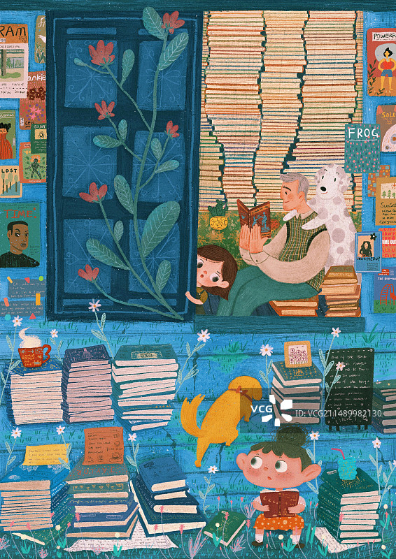 蓝色系平面儿童插画图片素材