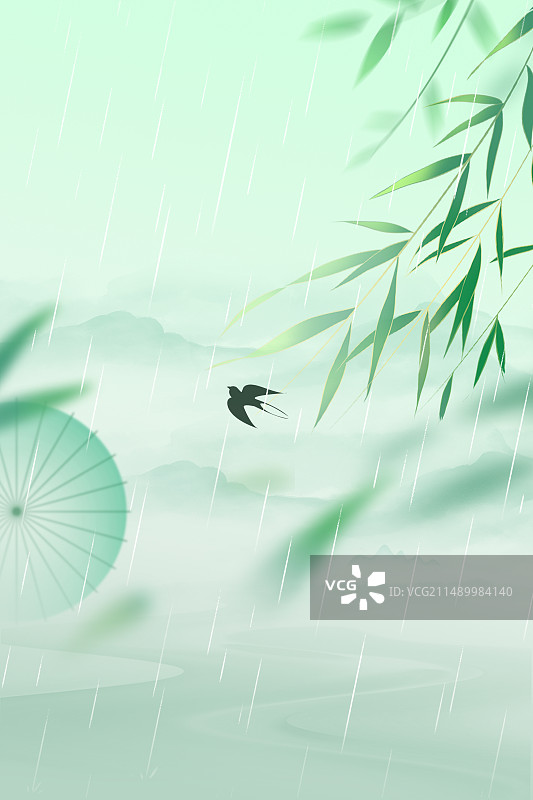 中国风插画-春天的垂柳 清明节寒食节春天雨中的山水风景画 竖版图片素材