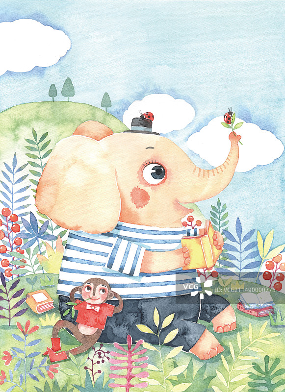 动物水彩插画 坐在草地上看书的小象图片素材