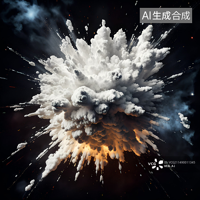 【AI数字艺术】黑色背景上燃烧爆炸的白色粉末烟雾浓烟背景图图片素材
