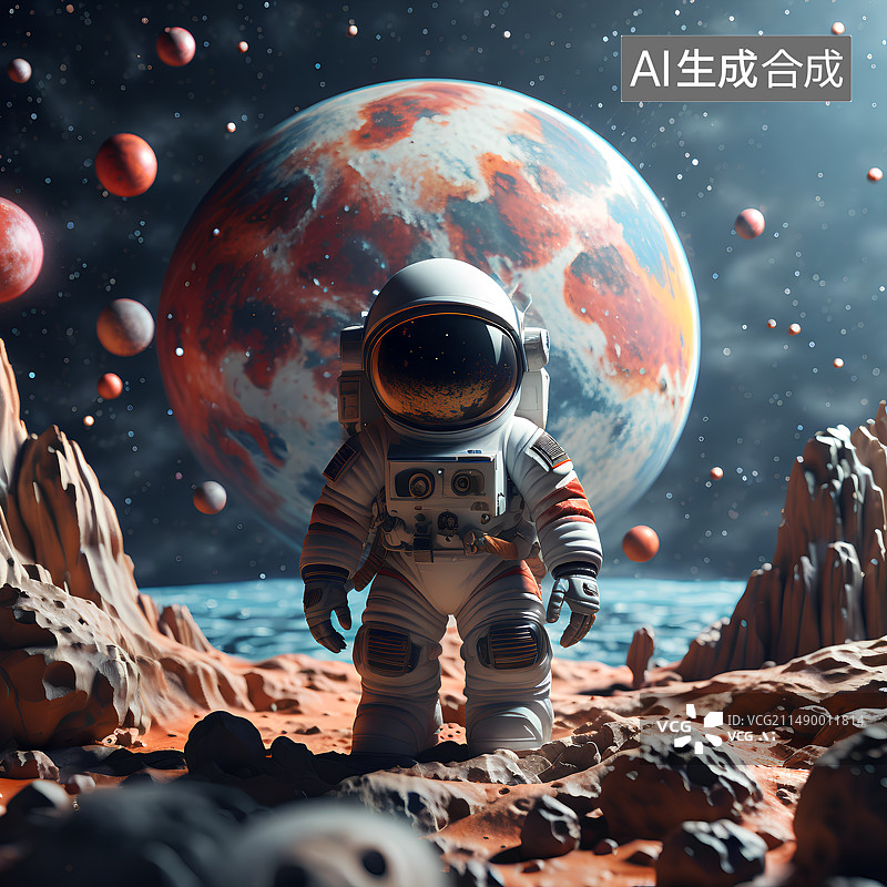 【AI数字艺术】儿童插画，登上地外星球的可爱小宇航员图片素材