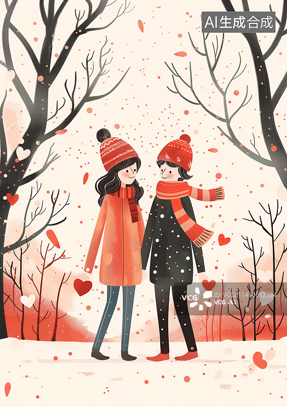 【AI数字艺术】粉红色情侣卡通插画图片素材