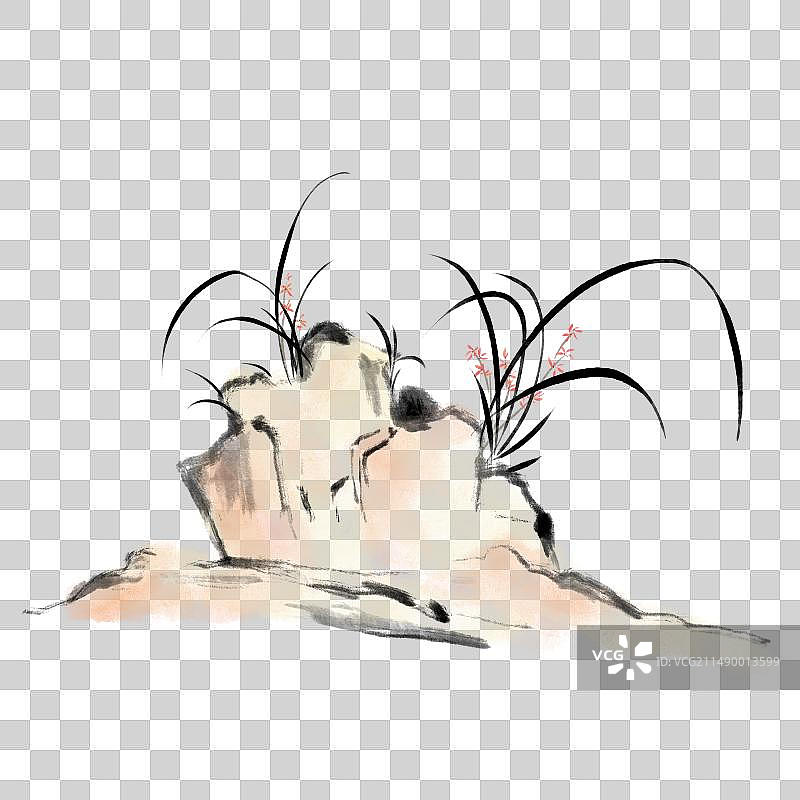 国画石头上的兰花图片素材