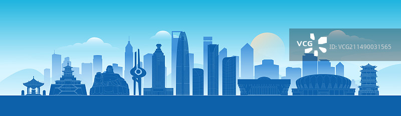 济南城市地标建筑渐变剪影矢量插画海报图片素材