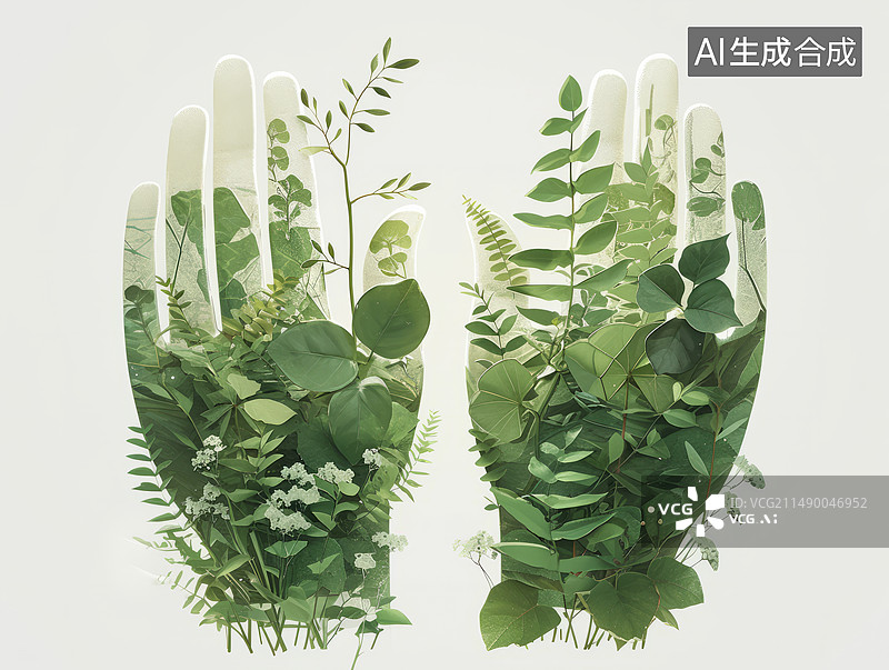 【AI数字艺术】绿色叶子组成的手象征环保图片素材