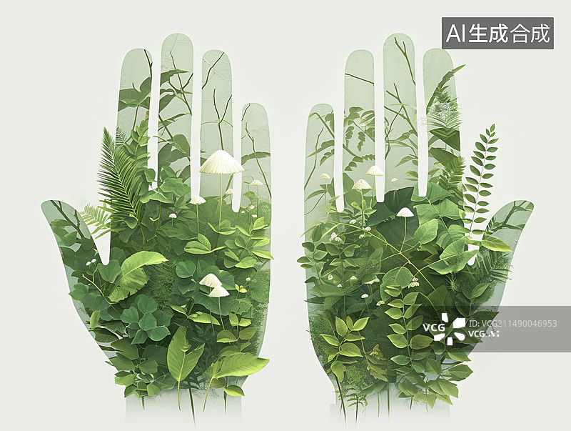 【AI数字艺术】绿色叶子组成的手象征环保图片素材