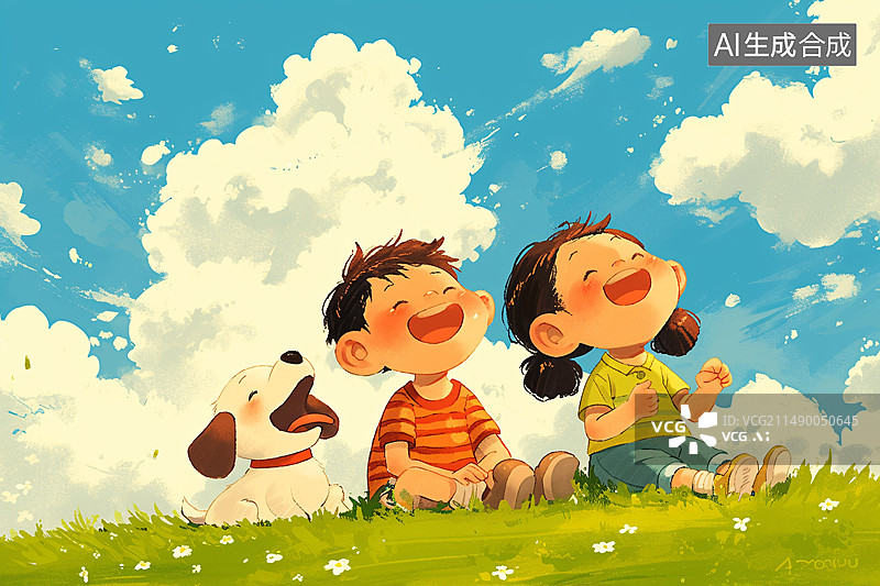 【AI数字艺术】孩子们在蓝天白云下，坐在草地上欢快的唱歌，儿童节户外活动概念插图图片素材