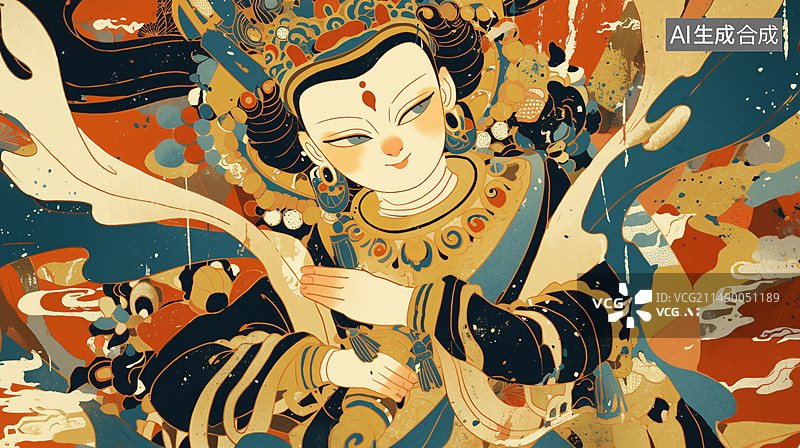 【AI数字艺术】中国风敦煌飞天人物插画，国潮节日艺术创意插画中国风敦煌飞天人物插画，国潮节日艺术创意插画图片素材