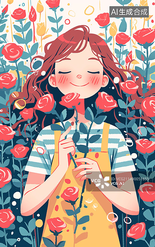 【AI数字艺术】三八妇女节女生手捧鲜花插画，拿着一束花的女人概念插图图片素材