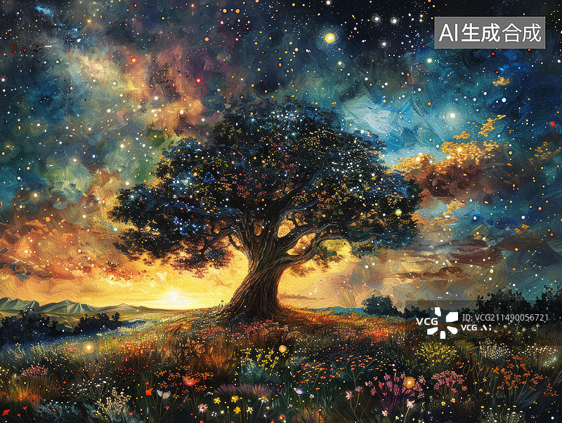 【AI数字艺术】鲜花环绕的大树与星河插画图片素材