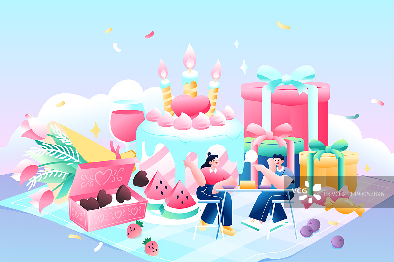 卡通啤酒生日蛋糕中餐外卖消费券美食餐饮情侣约会家人朋友青年吃饭聚会小龙虾夏季夏天时令食物渐变矢量插画图片素材