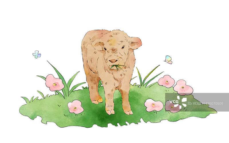 呆萌牛牛吃草图片素材