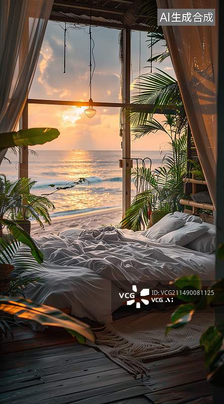 【AI数字艺术】日落时透过窗户看海的风景图片素材