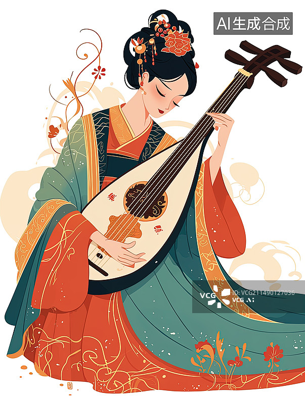 【AI数字艺术】极简扁平国风插画——弹琵琶的女人图片素材