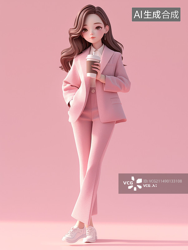 【AI数字艺术】身穿粉色西装的职场白领女性手握奶茶3D人物插画图片素材