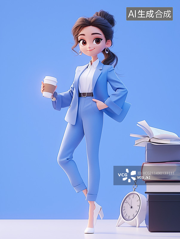 【AI数字艺术】身穿蓝色西装的职场白领女性手握奶茶3D人物插画图片素材