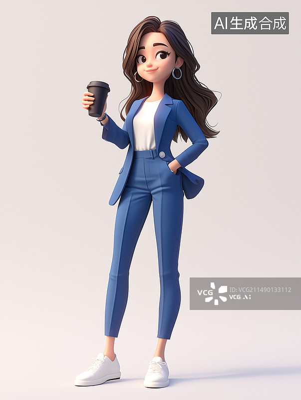 【AI数字艺术】身穿蓝色西装的职场白领女性手握奶茶3D人物插画图片素材