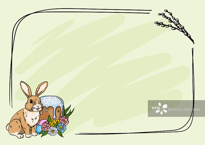 复活节边框：兔子、复活节蛋糕、彩蛋、柳条图片素材