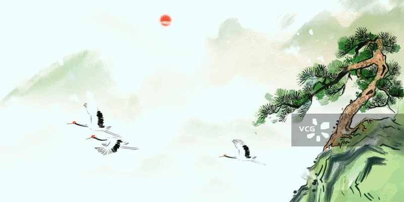 仙鹤山水背景松树湖泊国画水墨山水画图片素材