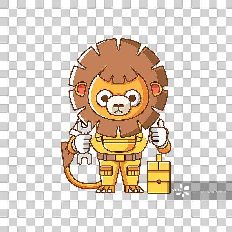 卡通狮子机械师在工作室使用工具图片素材