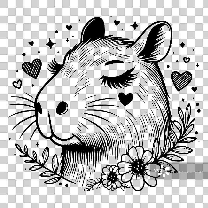 豚鼠的幸福 - 宠物爱的单色素描图片素材