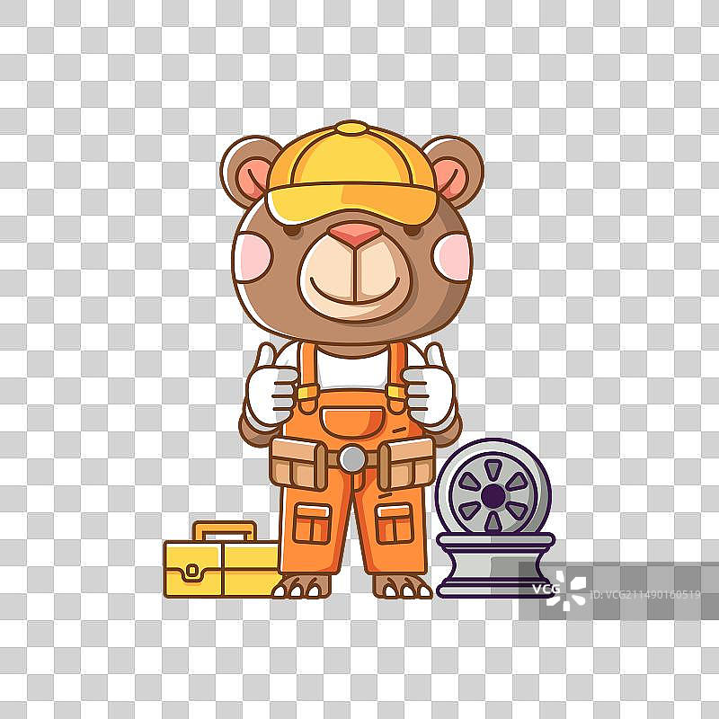 卡通：可爱的熊修理工在工作坊使用工具图片素材