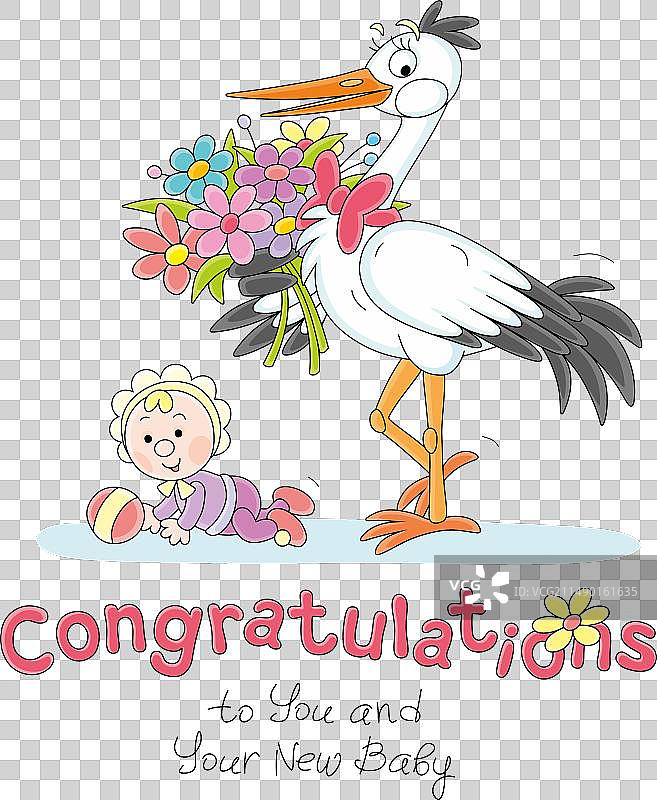带有鹳和婴儿的生日贺卡图片素材
