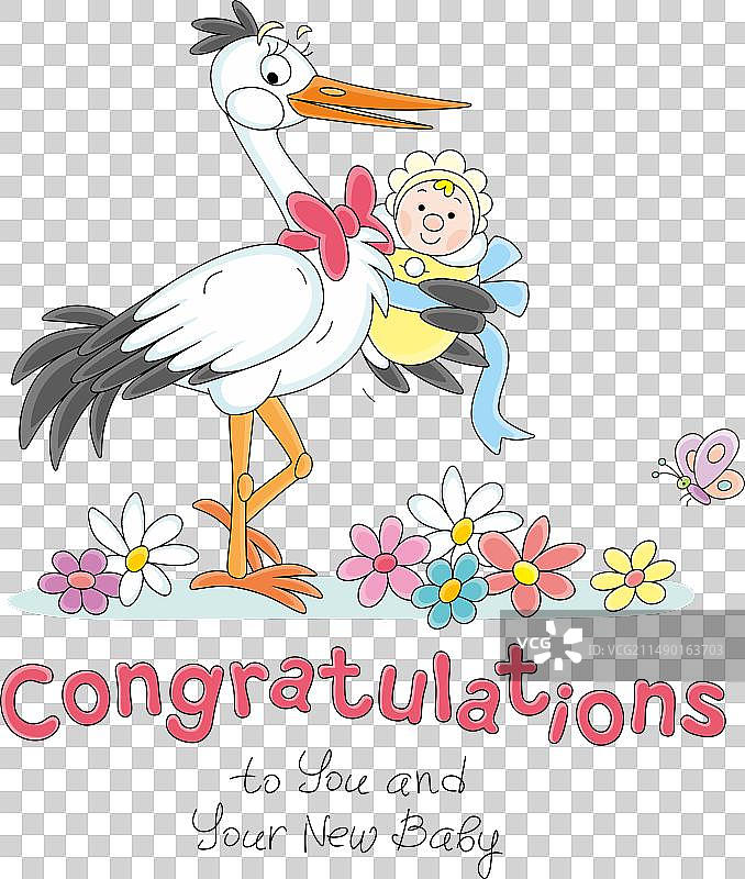 带有鹳和婴儿的生日贺卡图片素材