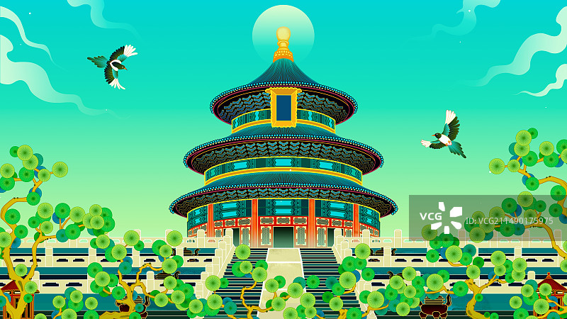 国潮故宫天坛祈年殿松树插画图片素材