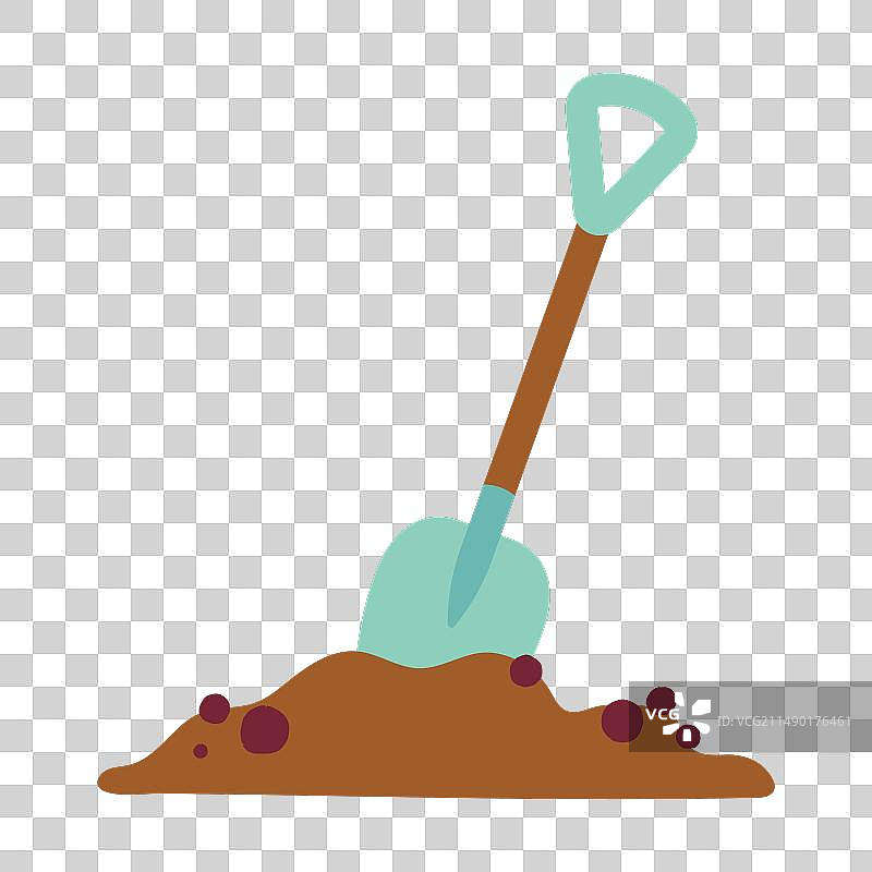 白色背景上的一堆土中的铲子图片素材