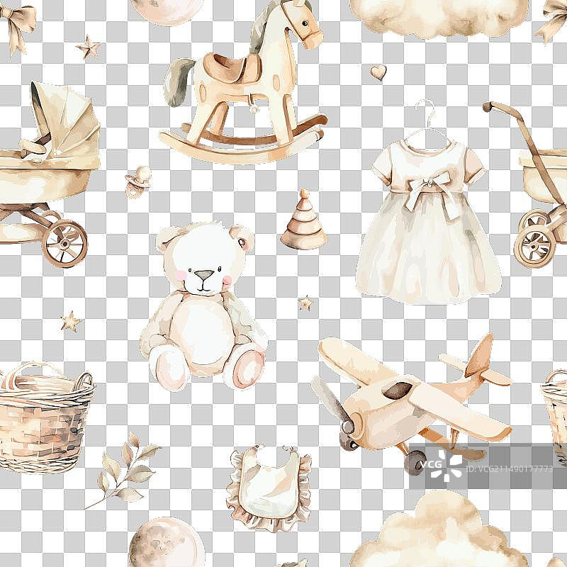新生女婴水彩剪贴画套装无缝图案图片素材
