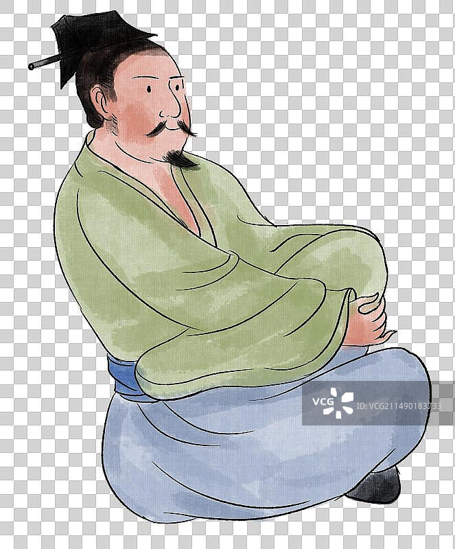 水墨风中国风新中式古风古典传统文化历史古人古装古代古时候坐姿休闲休息看注视动作卡通元素人物插画图片素材