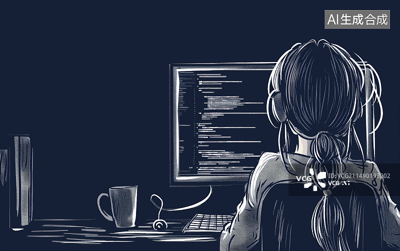 【AI数字艺术】一个漂亮女生在用电脑工作铅笔画图片素材