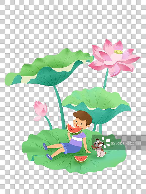 荷叶上吃西瓜的男孩图片素材