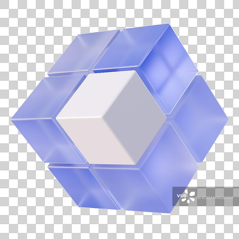 3D渲染的蓝色透明玻璃材质魔方素材图片素材