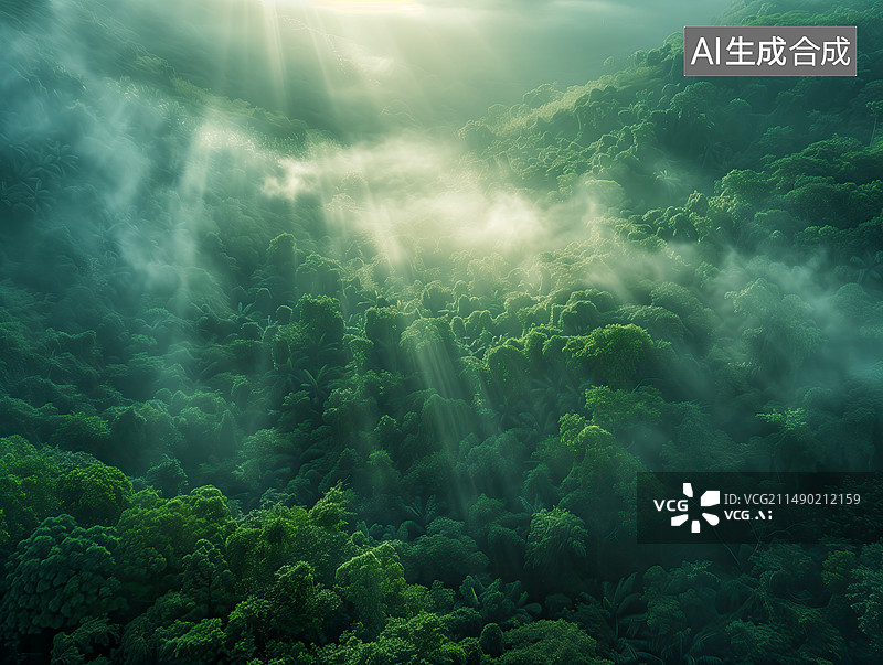 【AI数字艺术】阳光照射在丛林里，迷雾森林图片素材